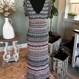 Zara Blue and Pink Crotchet Knit Maxi Dress